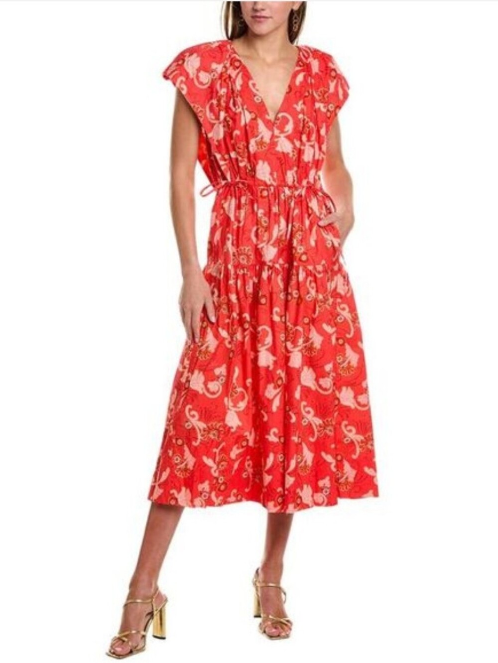 A.L.C. August Printed Midi Dress Red Floral Flutter Sleeve Drawstring Waist 4